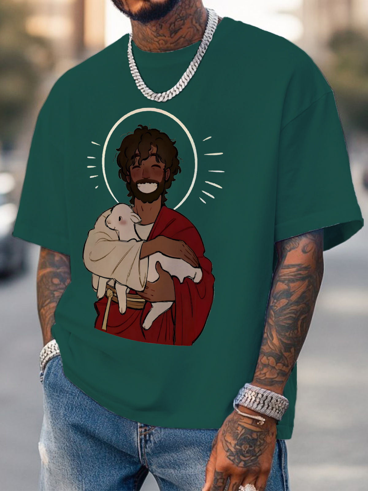 Men's Jesus Holding The Lamb Print Cotton Casual T-Shirt-Styleame