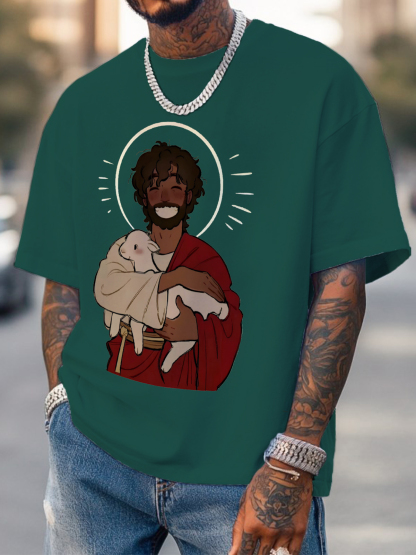 Men's Jesus Holding The Lamb Print Cotton Casual T-Shirt-Styleame