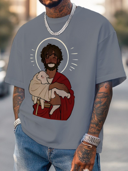 Men's Jesus Holding The Lamb Print Cotton Casual T-Shirt-Styleame