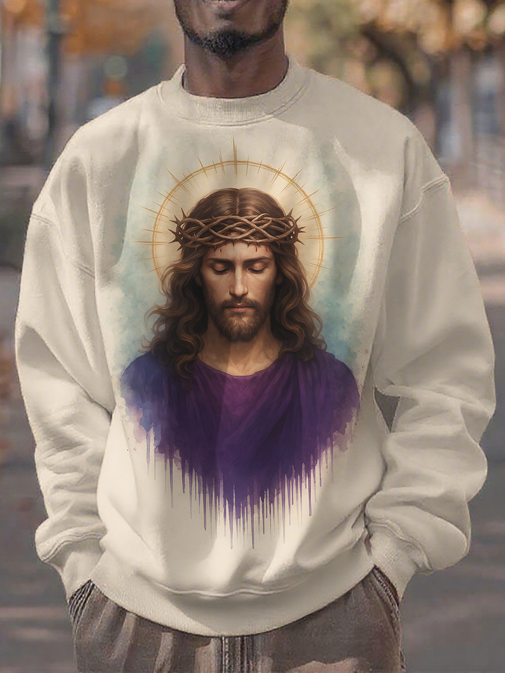 Men's Retro Jesus Art Print Casual Sweatshirt-Styleame