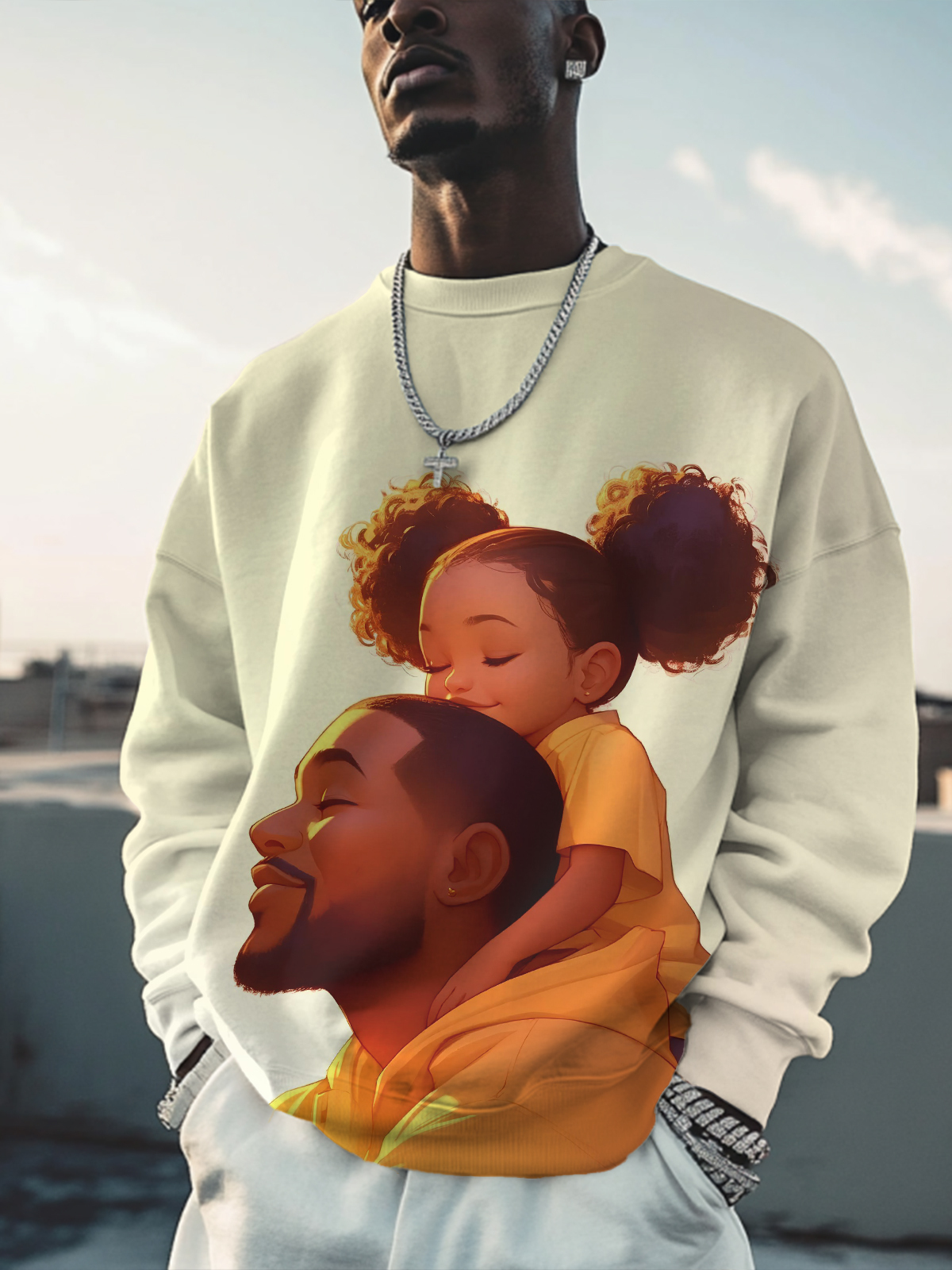 Men's Black Dad And Daughter Art Print Casual Sweatshirt-Styleame