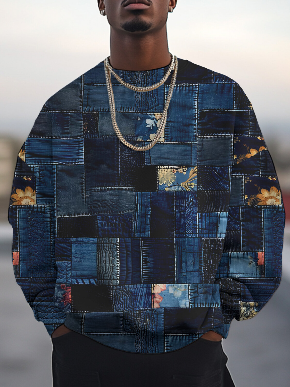 Men's Floral Denim Patchwork Pattern Art Print Casual Sweatshirt-Styleame