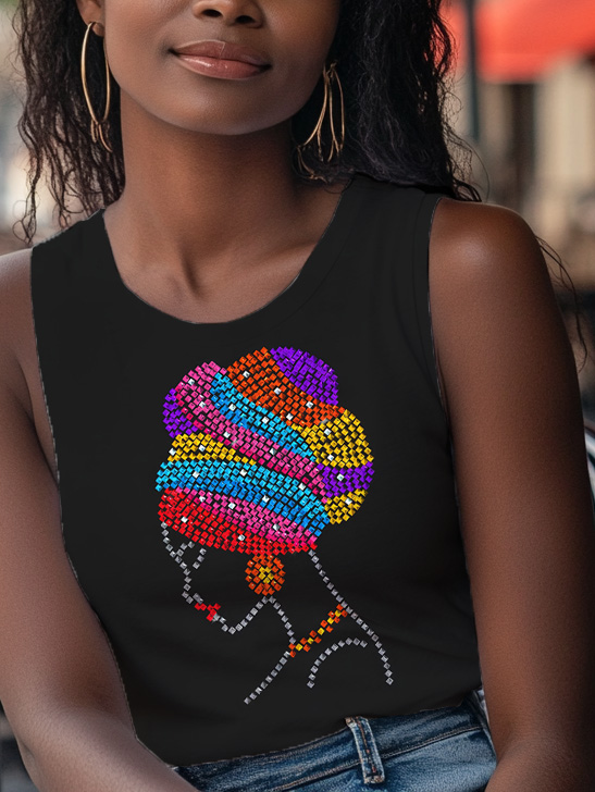 Women's African Woman Profile Portrait Rhinestones Art Print Casual Tank Top-Styleame