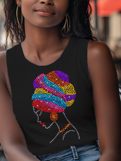 Women's African Woman Profile Portrait Rhinestones Art Print Casual Tank Top-Styleame