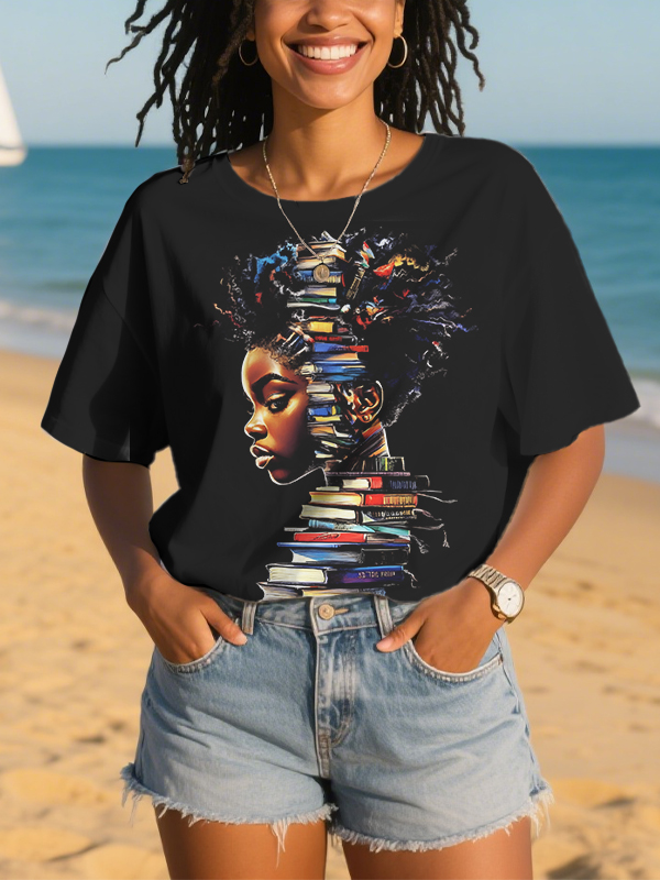 Women's Black Woman Profile And Books Print Casual T-Shirt-Styleame