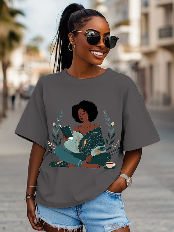 Women's The Girl Enjoys Reading Flower Print Cotton Casual T-Shirt-Styleame