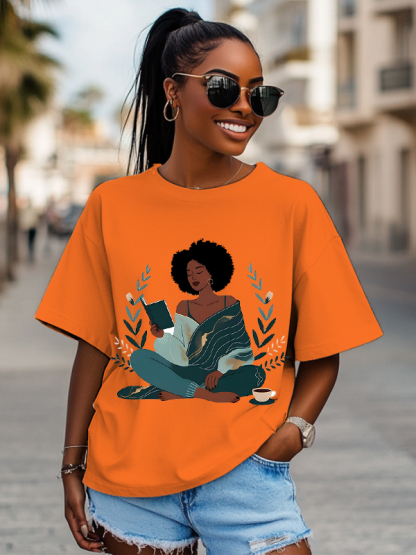 Women's The Girl Enjoys Reading Flower Print Cotton Casual T-Shirt-Styleame