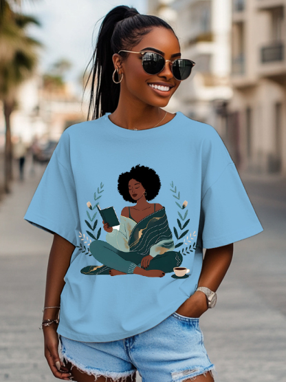 Women's The Girl Enjoys Reading Flower Print Cotton Casual T-Shirt-Styleame