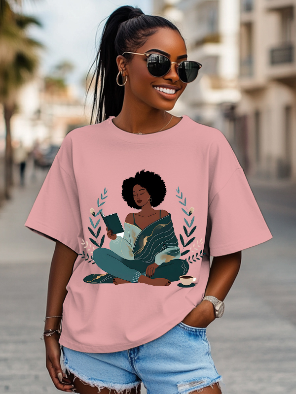 Women's The Girl Enjoys Reading Flower Print Cotton Casual T-Shirt-Styleame