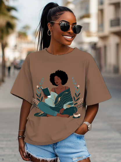 Women's The Girl Enjoys Reading Flower Print Cotton Casual T-Shirt-Styleame