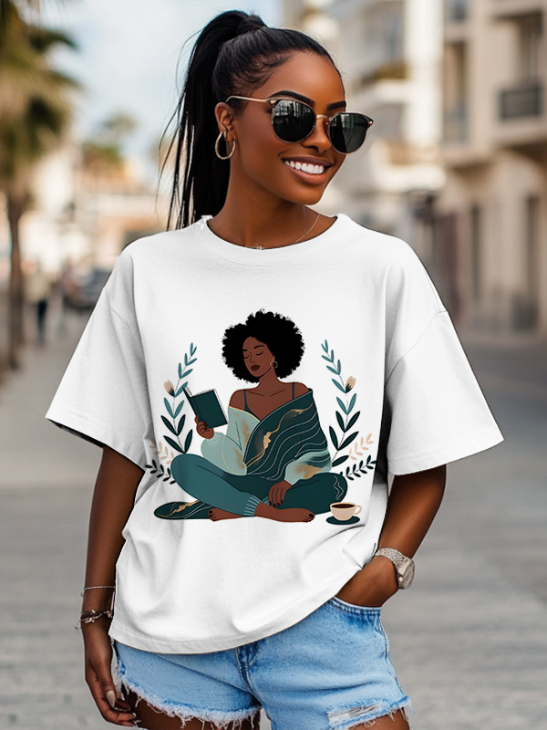 Women's The Girl Enjoys Reading Flower Print Cotton Casual T-Shirt-Styleame