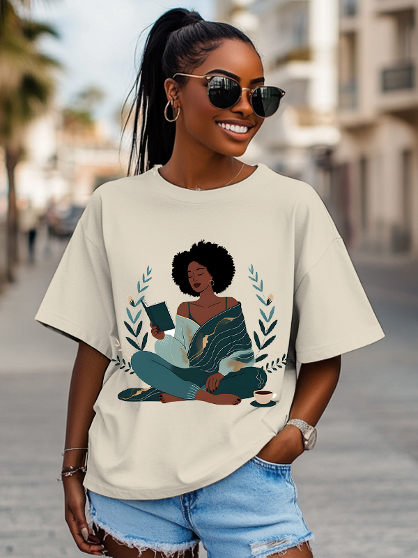 Women's The Girl Enjoys Reading Flower Print Cotton Casual T-Shirt-Styleame