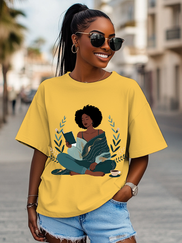 Women's The Girl Enjoys Reading Flower Print Cotton Casual T-Shirt-Styleame