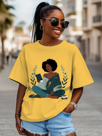 Women's The Girl Enjoys Reading Flower Print Cotton Casual T-Shirt-Styleame