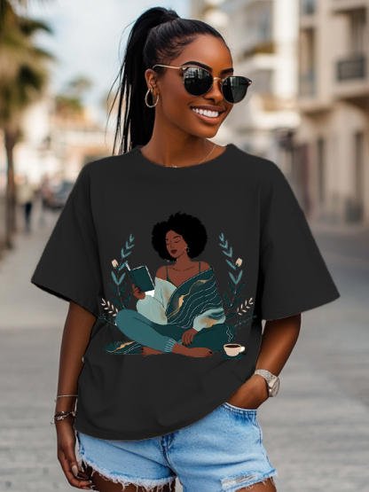 Women's The Girl Enjoys Reading Flower Print Cotton Casual T-Shirt-Styleame