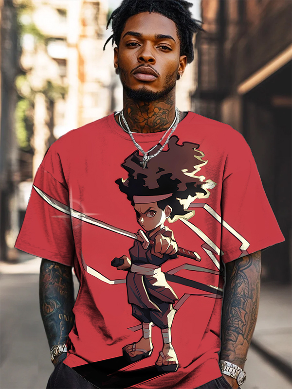 Men's Cartoon Afro Boy Warrior Art Print T-Shirt-Styleame