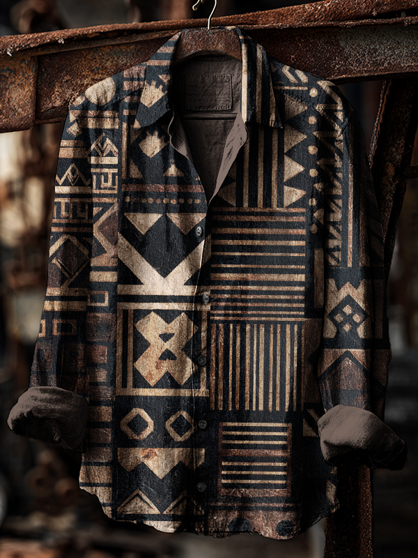 Men's Retro Geometric Ethnic Pattern Print Long Sleeve Shirt-Styleame
