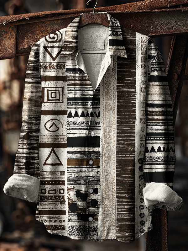 Men's Retro Tribe Ethnic Pattern Geometric Art Print Long Sleeve Shirt-Styleame