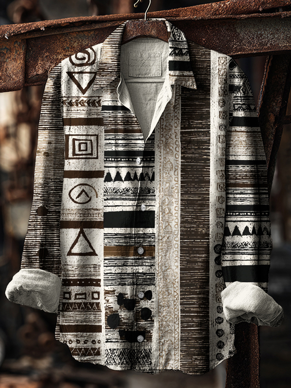 Men's Retro Tribe Ethnic Pattern Geometric Art Print Long Sleeve Shirt-Styleame