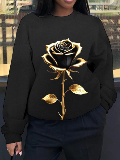 Women's Golden Rose Art Print Casual Sweatshirt-Styleame