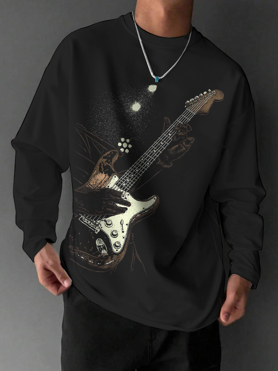 Men's Night Black Guitarist Art Print Casual Sweatshirt-Styleame