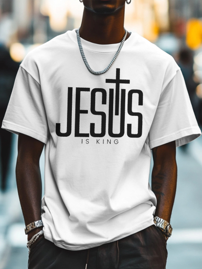 Men's Jesus Is King Print Cotton Casual T-Shirt-Styleame