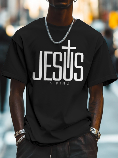Men's Jesus Is King Print Cotton Casual T-Shirt-Styleame