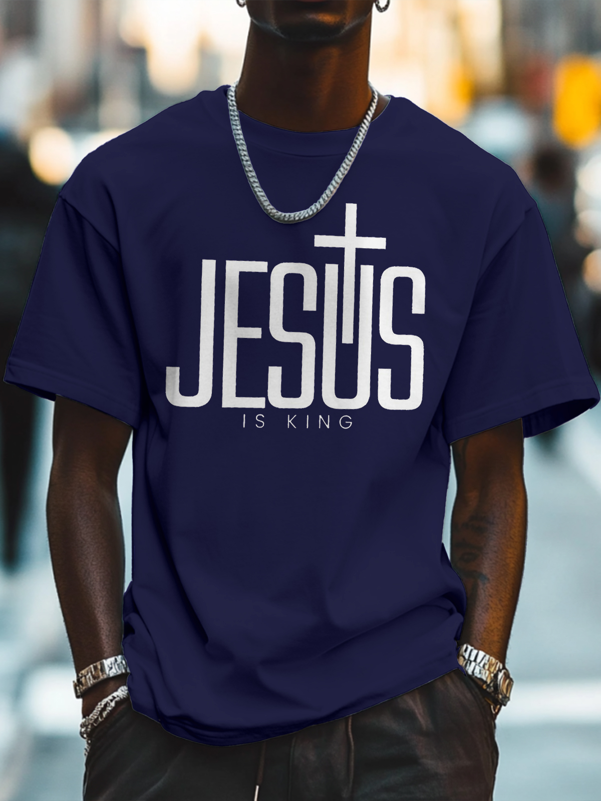 Men's Jesus Is King Print Cotton Casual T-Shirt-Styleame