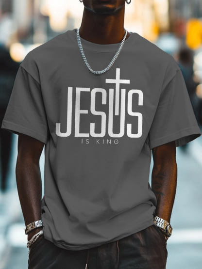 Men's Jesus Is King Print Cotton Casual T-Shirt-Styleame