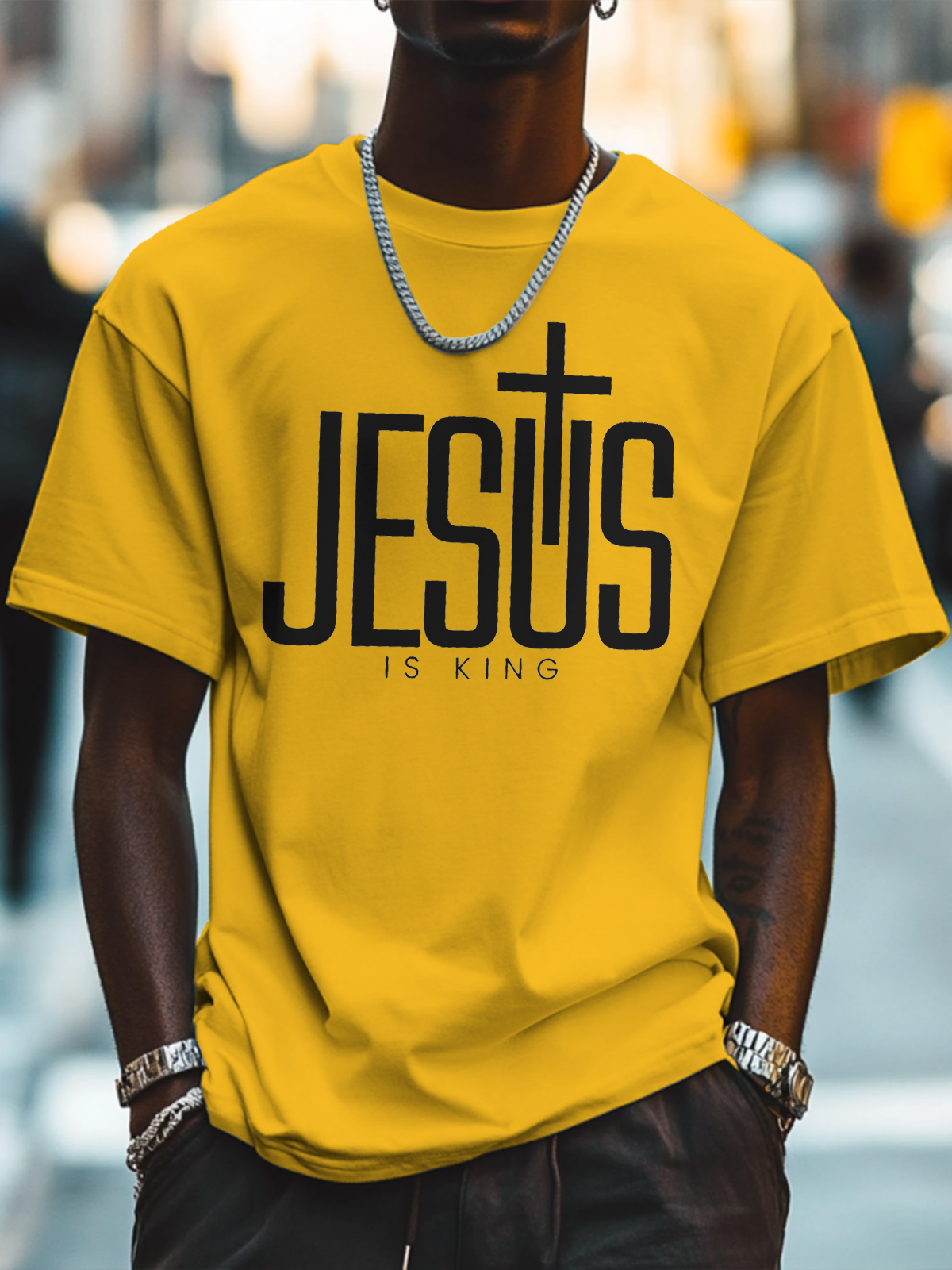 Men's Jesus Is King Print Cotton Casual T-Shirt-Styleame