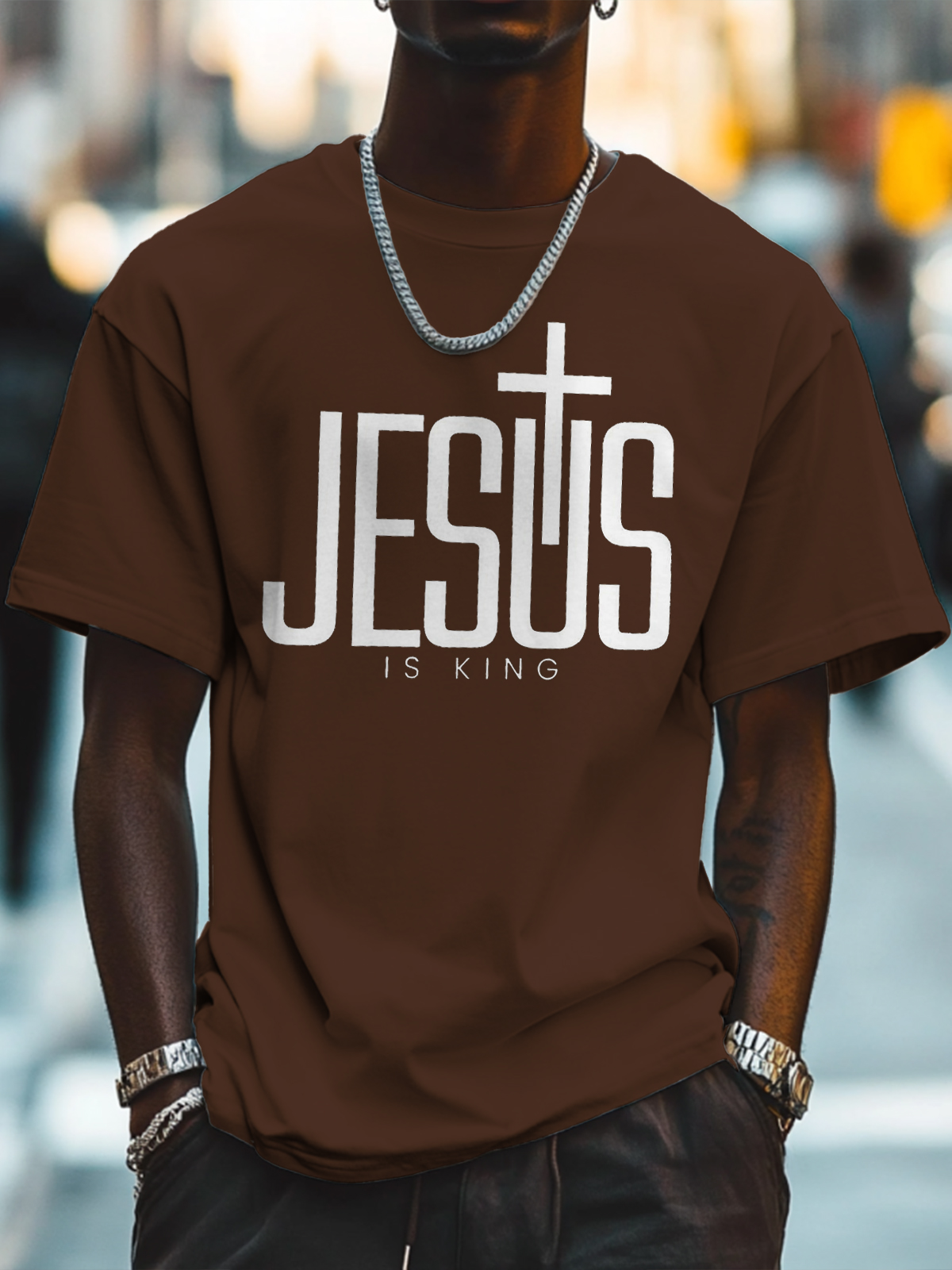Men's Jesus Is King Print Cotton Casual T-Shirt-Styleame