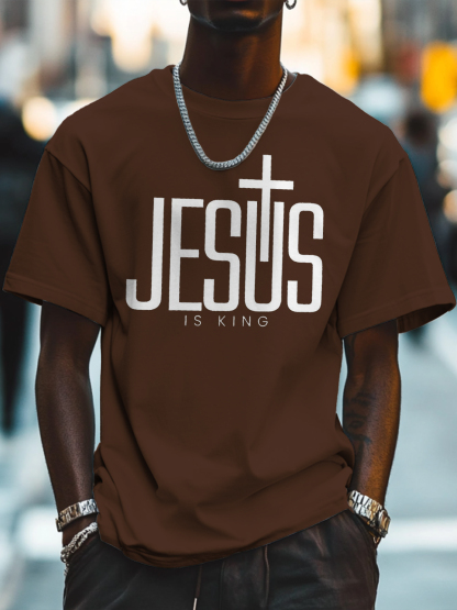 Men's Jesus Is King Print Cotton Casual T-Shirt-Styleame