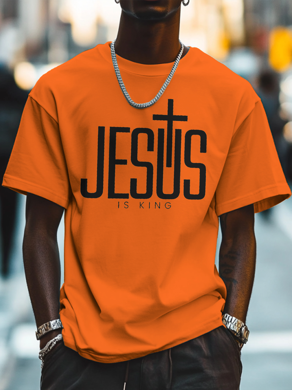 Men's Jesus Is King Print Cotton Casual T-Shirt-Styleame