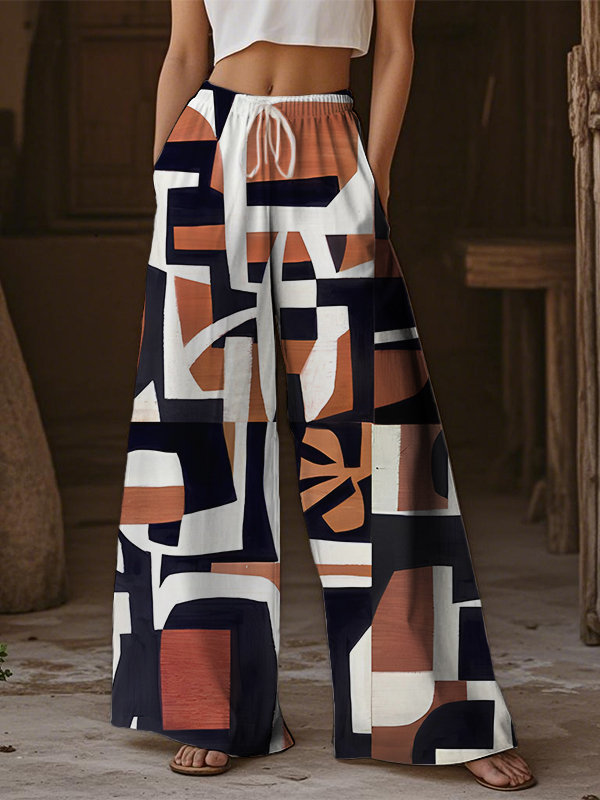 Women's African Geometric Color Blocks Art Print Casual Pants-Styleame