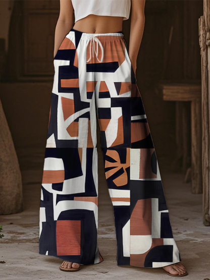 Women's African Geometric Color Blocks Art Print Casual Pants-Styleame