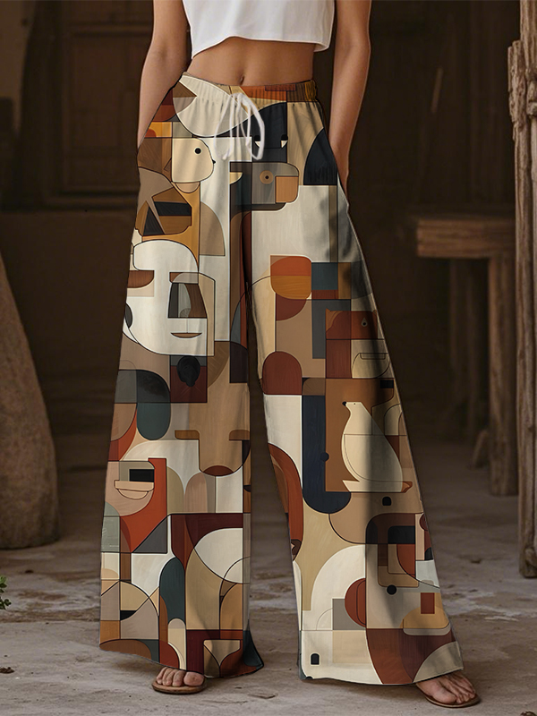 Women's African Abstract Mask Geometric Color Blocks Art Print Casual Pants-Styleame