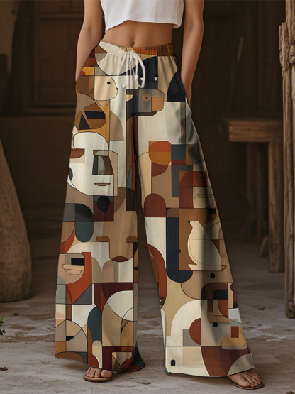 Women's African Abstract Mask Geometric Color Blocks Art Print Casual Pants-Styleame