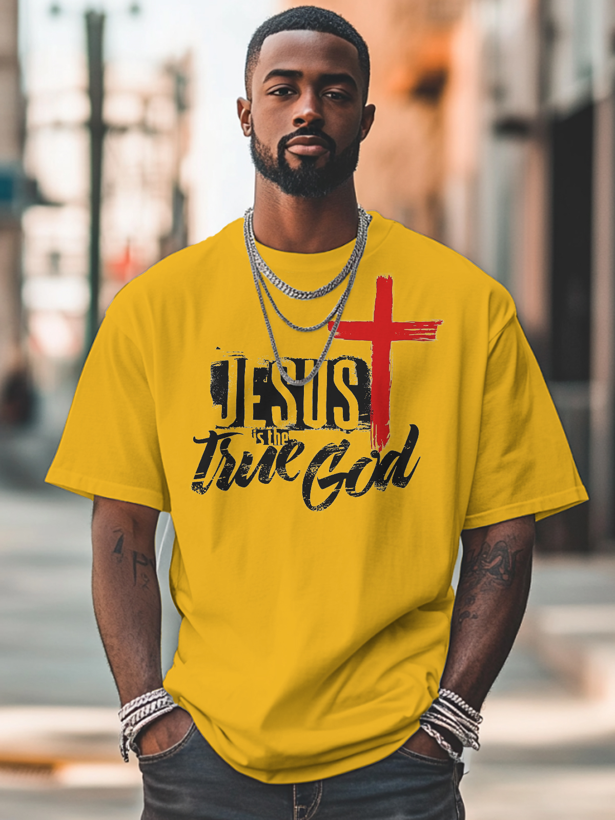Men's Jesus Is The True God Print Cotton Casual T-Shirt-Styleame