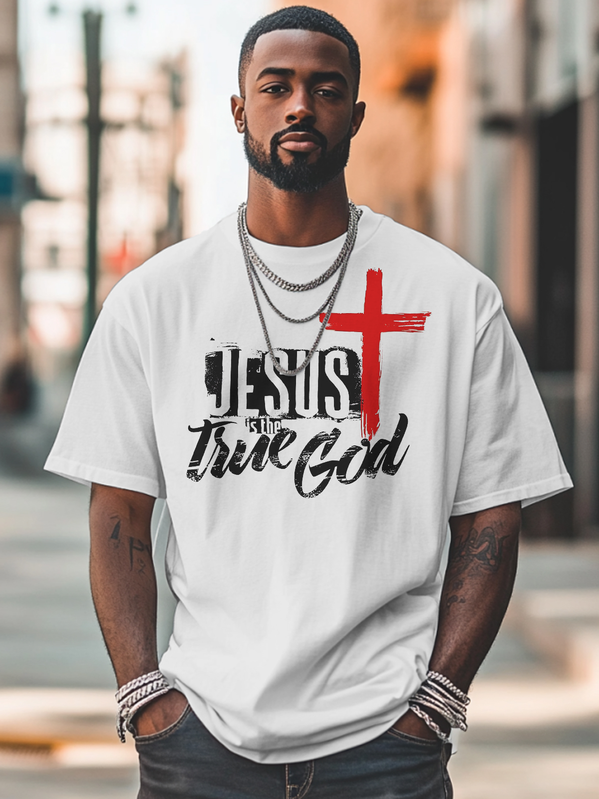 Men's Jesus Is The True God Print Cotton Casual T-Shirt-Styleame