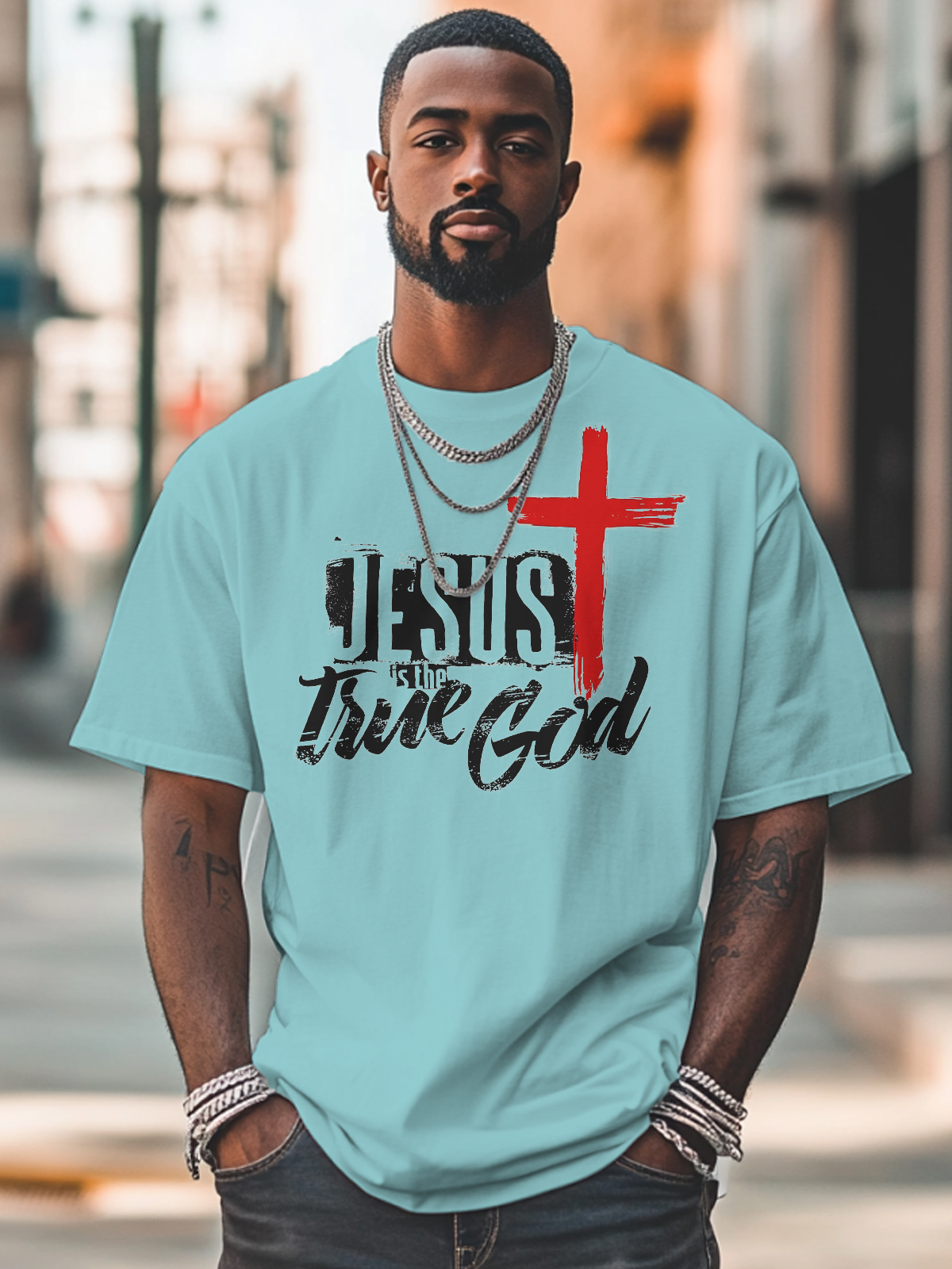 Men's Jesus Is The True God Print Cotton Casual T-Shirt-Styleame