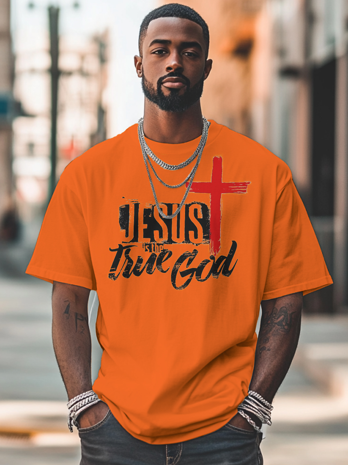 Men's Jesus Is The True God Print Cotton Casual T-Shirt-Styleame