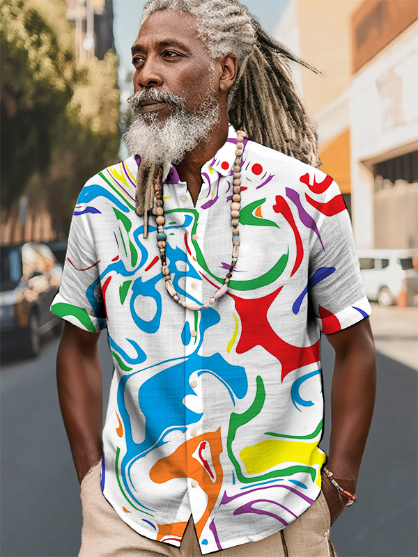 Men's Abstract Colored Pattern Print Short Sleeve Shirt-Styleame
