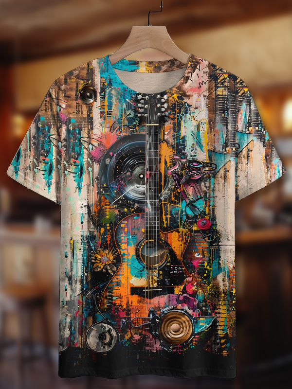 Men's Retro Guitar Graffiti Art Print Casual T-Shirt-Styleame