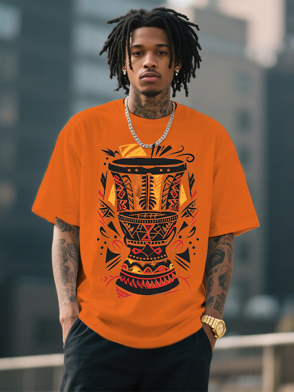 Men's Afro Art Djembe Drum Print Cotton Casual T-Shirt-Styleame