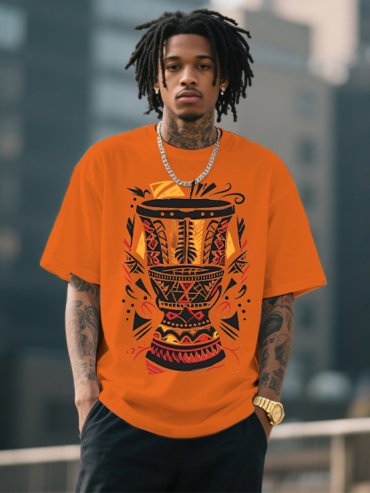Men's Afro Art Djembe Drum Print Cotton Casual T-Shirt-Styleame