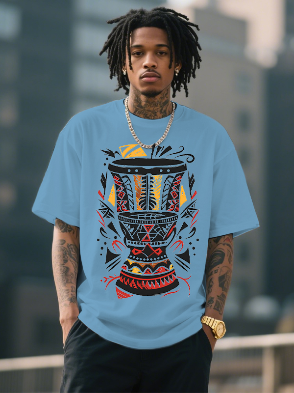 Men's Afro Art Djembe Drum Print Cotton Casual T-Shirt-Styleame