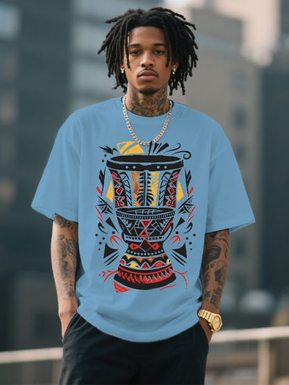 Men's Afro Art Djembe Drum Print Cotton Casual T-Shirt-Styleame