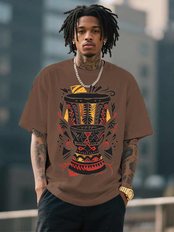 Men's Afro Art Djembe Drum Print Cotton Casual T-Shirt-Styleame