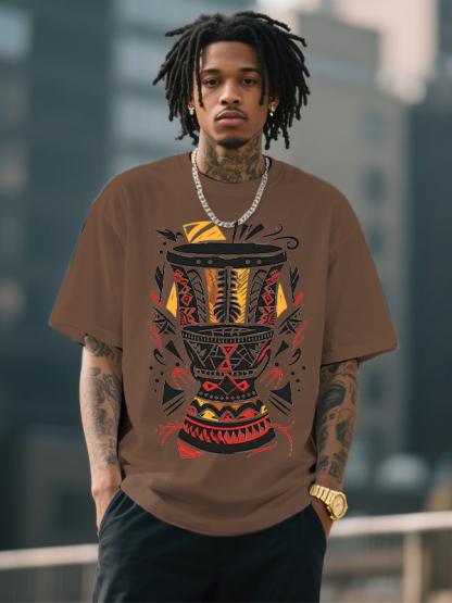 Men's Afro Art Djembe Drum Print Cotton Casual T-Shirt-Styleame