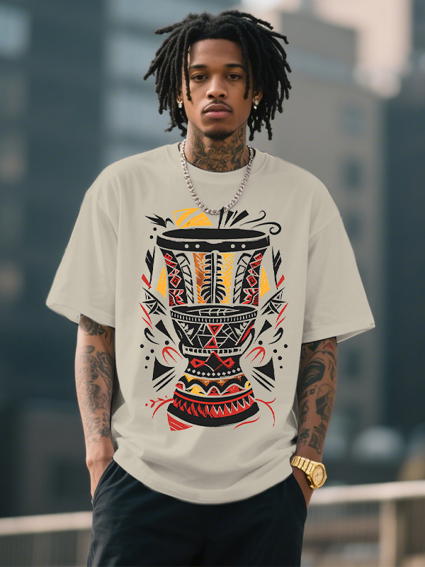 Men's Afro Art Djembe Drum Print Cotton Casual T-Shirt-Styleame